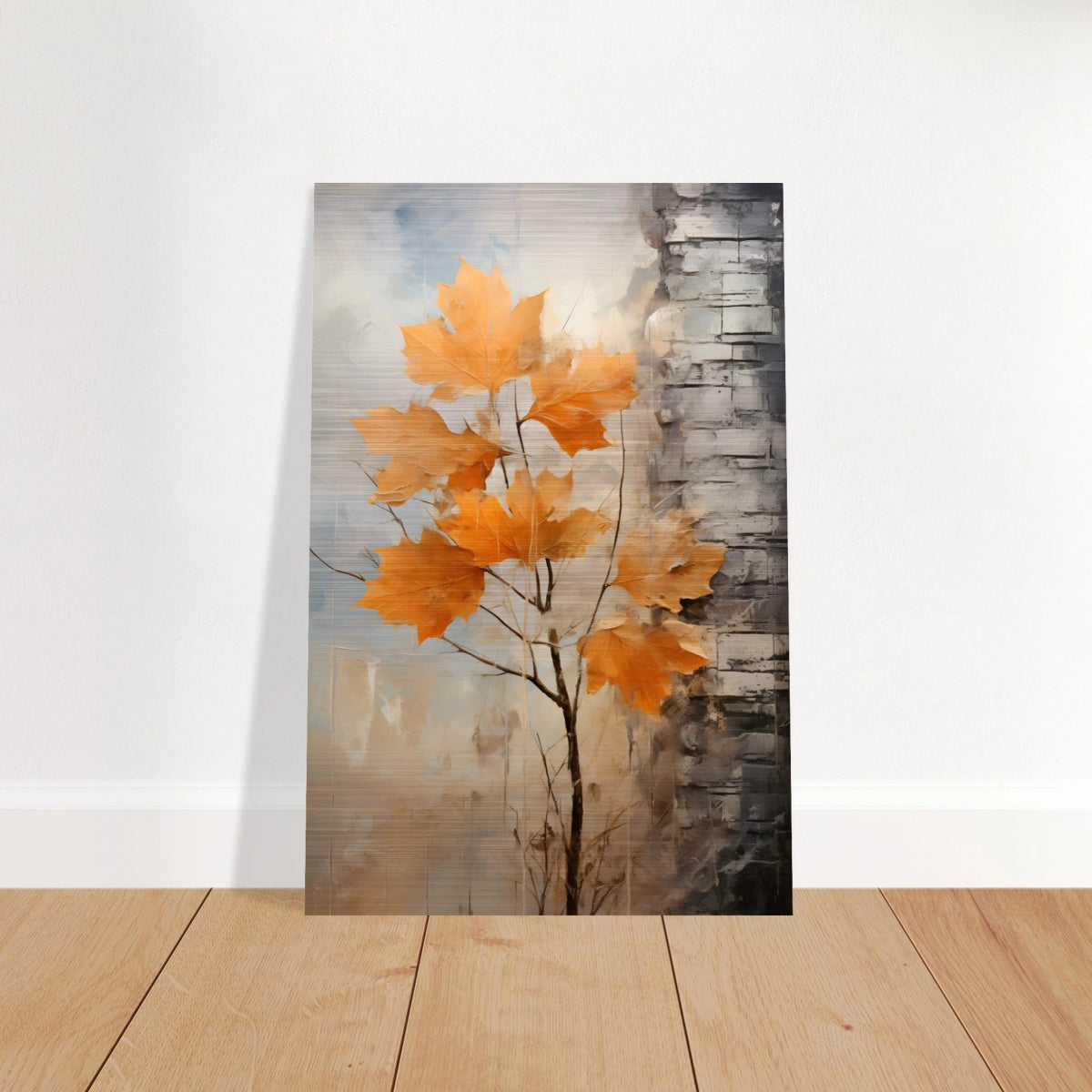 Autumn Maple Leaves by Birch Tree – Modern Nature Wall Art - Brushed Aluminum Print - 20x30 cm / 8x12″ - 