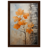 Autumn Maple Leaves by Birch Tree – Modern Nature Wall Art - Framed Canvas - 30x45 cm / 12x18″ - Dark wood frame