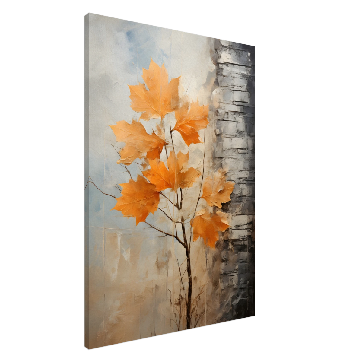 Autumn Maple Leaves by Birch Tree – Modern Nature Wall Art - Canvas - 70x100 cm / 28x40″ - 