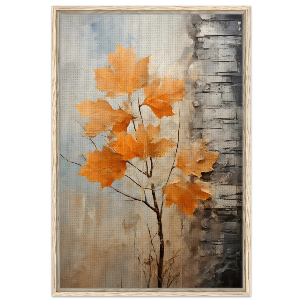 Autumn Maple Leaves by Birch Tree – Modern Nature Wall Art - Framed Canvas - 60x90 cm / 24x36″ - Wood frame