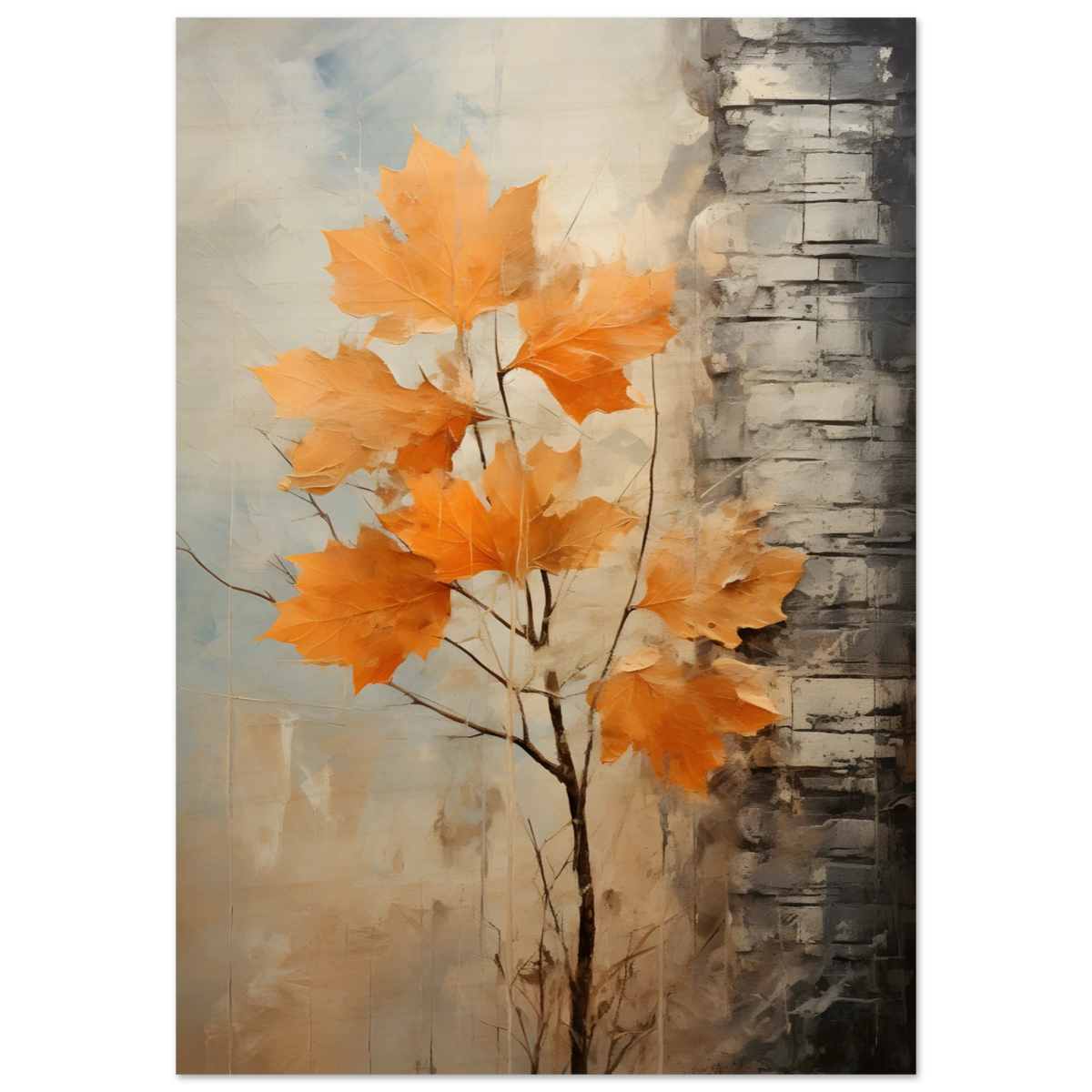 Autumn Maple Leaves by Birch Tree – Modern Nature Wall Art - Wood Prints - 70x100 cm / 28x40″ - 