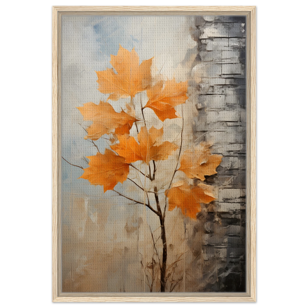 Autumn Maple Leaves by Birch Tree – Modern Nature Wall Art - Framed Canvas - 50x75 cm / 20x30″ - Wood frame