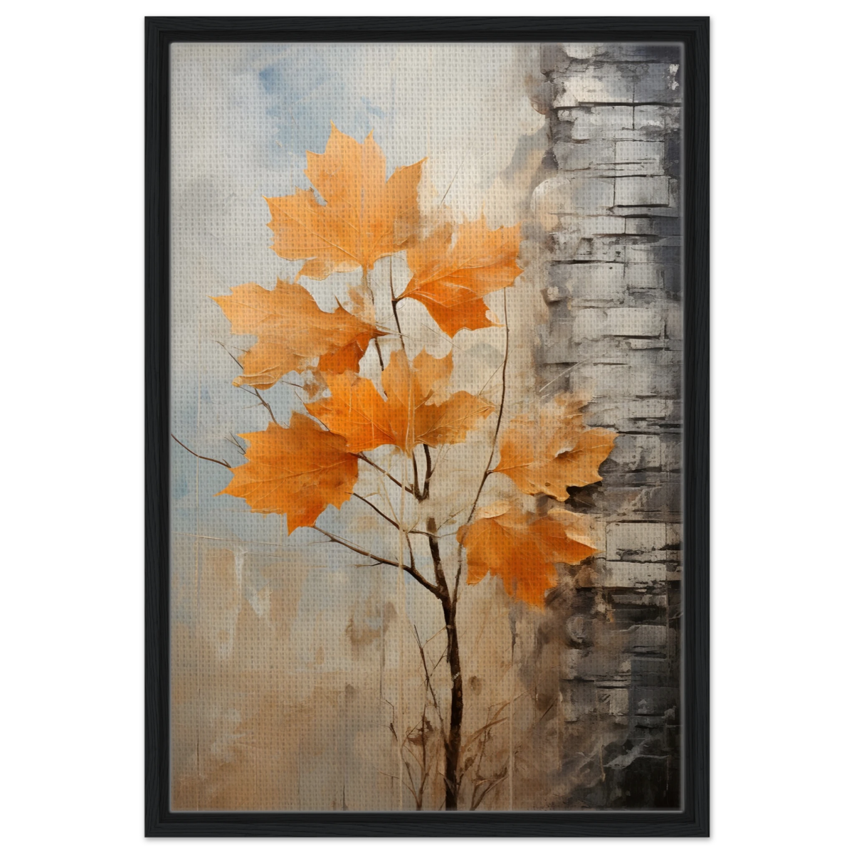 Autumn Maple Leaves by Birch Tree – Modern Nature Wall Art - Framed Canvas - 50x75 cm / 20x30″ - Black frame
