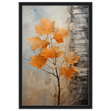 Autumn Maple Leaves by Birch Tree – Modern Nature Wall Art - Framed Canvas - 50x75 cm / 20x30″ - Black frame