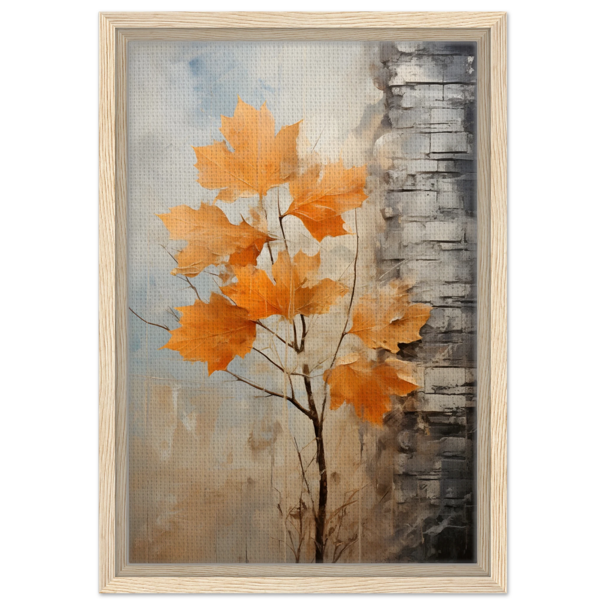 Autumn Maple Leaves by Birch Tree – Modern Nature Wall Art - Framed Canvas - 30x45 cm / 12x18″ - Wood frame
