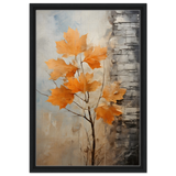 Autumn Maple Leaves by Birch Tree – Modern Nature Wall Art - Framed Canvas - 40x60 cm / 16x24″ - Black frame