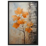 Autumn Maple Leaves by Birch Tree – Modern Nature Wall Art - Framed Canvas - 60x90 cm / 24x36″ - Black frame