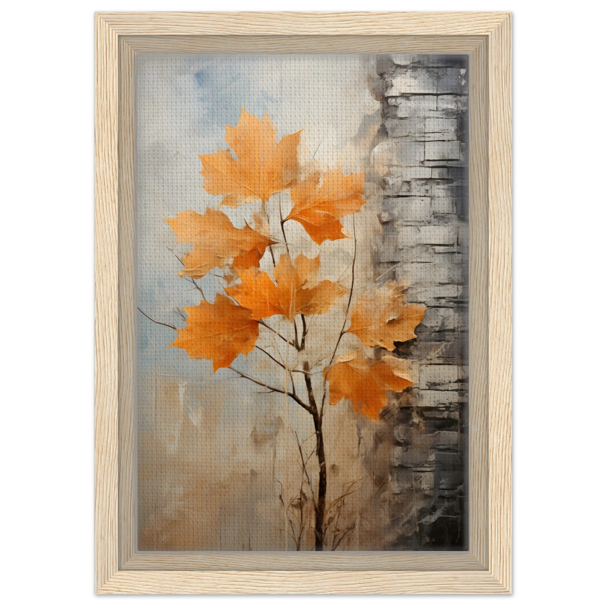 Autumn Maple Leaves by Birch Tree – Modern Nature Wall Art - Framed Canvas - 20x30 cm / 8x12″ - Wood frame