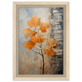 Autumn Maple Leaves by Birch Tree – Modern Nature Wall Art - Framed Canvas - 20x30 cm / 8x12″ - Wood frame