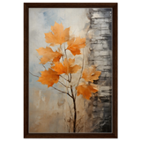 Autumn Maple Leaves by Birch Tree – Modern Nature Wall Art - Framed Canvas - 40x60 cm / 16x24″ - Dark wood frame