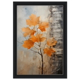 Autumn Maple Leaves by Birch Tree – Modern Nature Wall Art - Framed Canvas - 30x45 cm / 12x18″ - Black frame