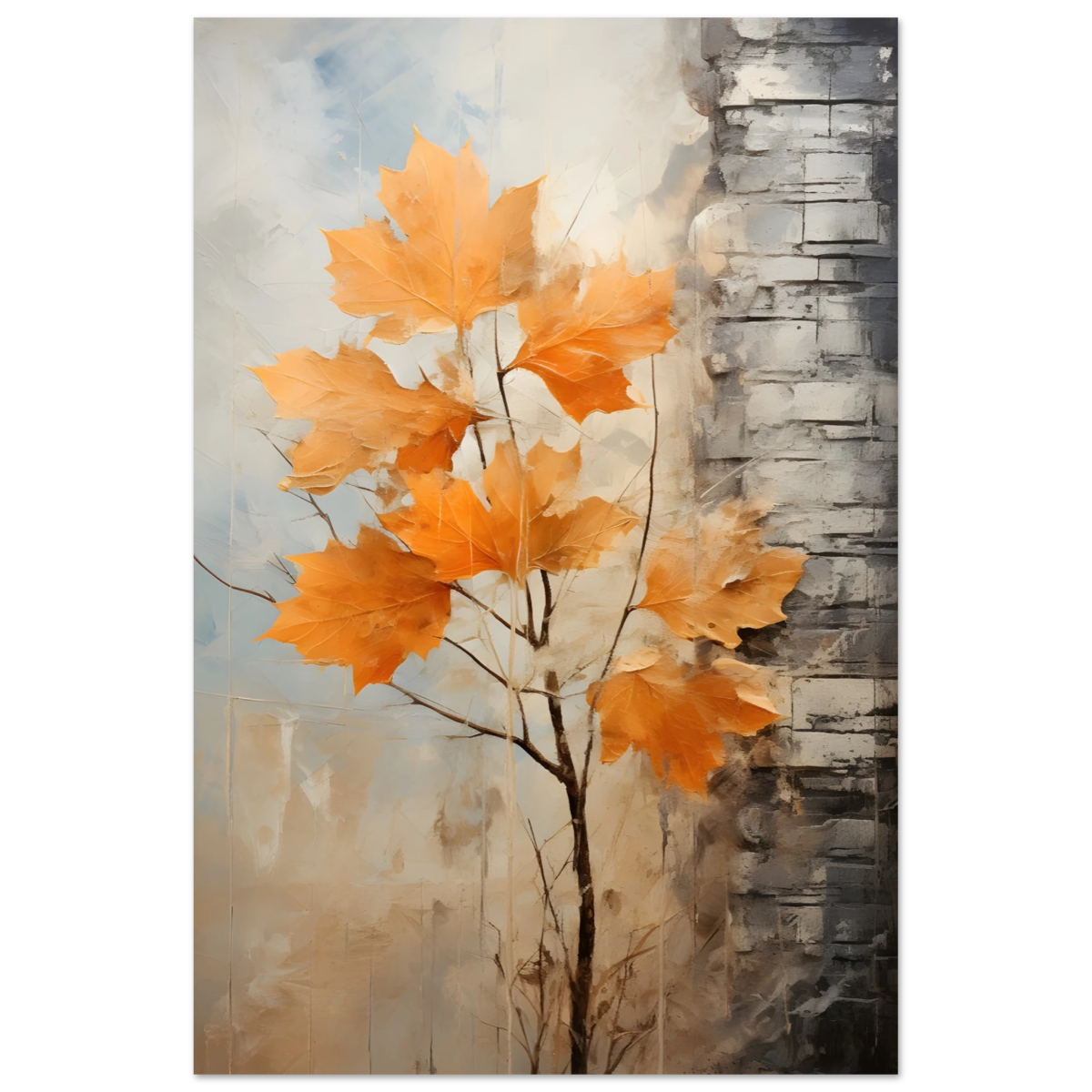 Autumn Maple Leaves by Birch Tree – Modern Nature Wall Art - Fine Art Poster - 30x45 cm / 12x18″ - 