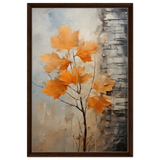 Autumn Maple Leaves by Birch Tree – Modern Nature Wall Art - Framed Canvas - 50x75 cm / 20x30″ - Dark wood frame