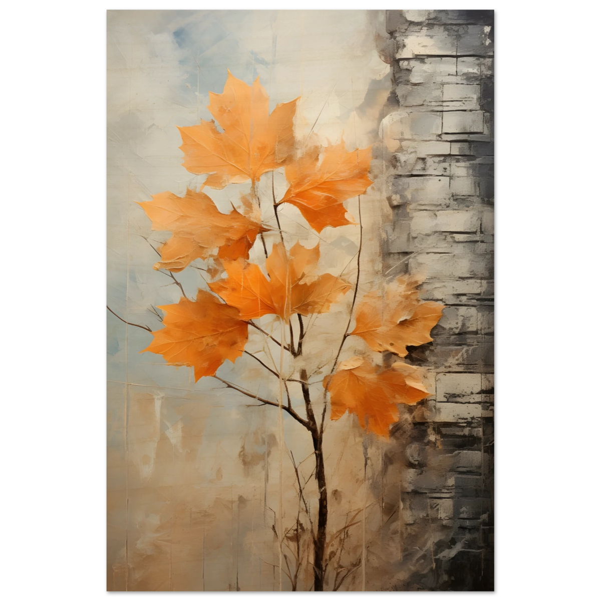 Autumn Maple Leaves by Birch Tree – Modern Nature Wall Art - Wood Prints - 30x45 cm / 12x18″ - 