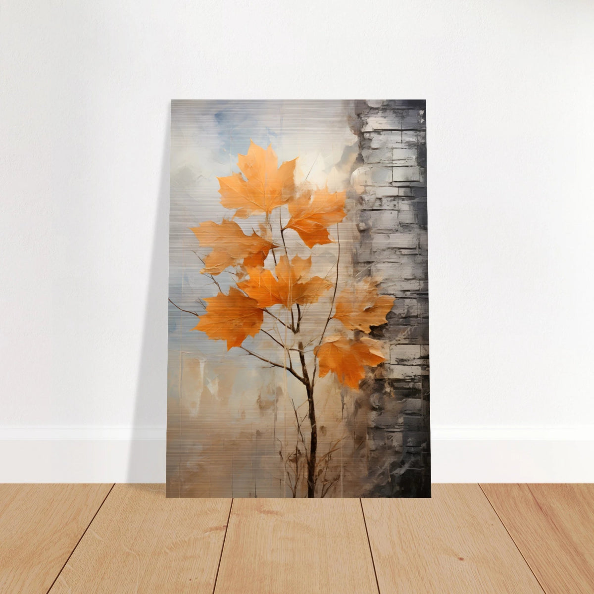 Autumn Maple Leaves by Birch Tree – Modern Nature Wall Art - Brushed Aluminum Print - 40x60 cm / 16x24″ - 