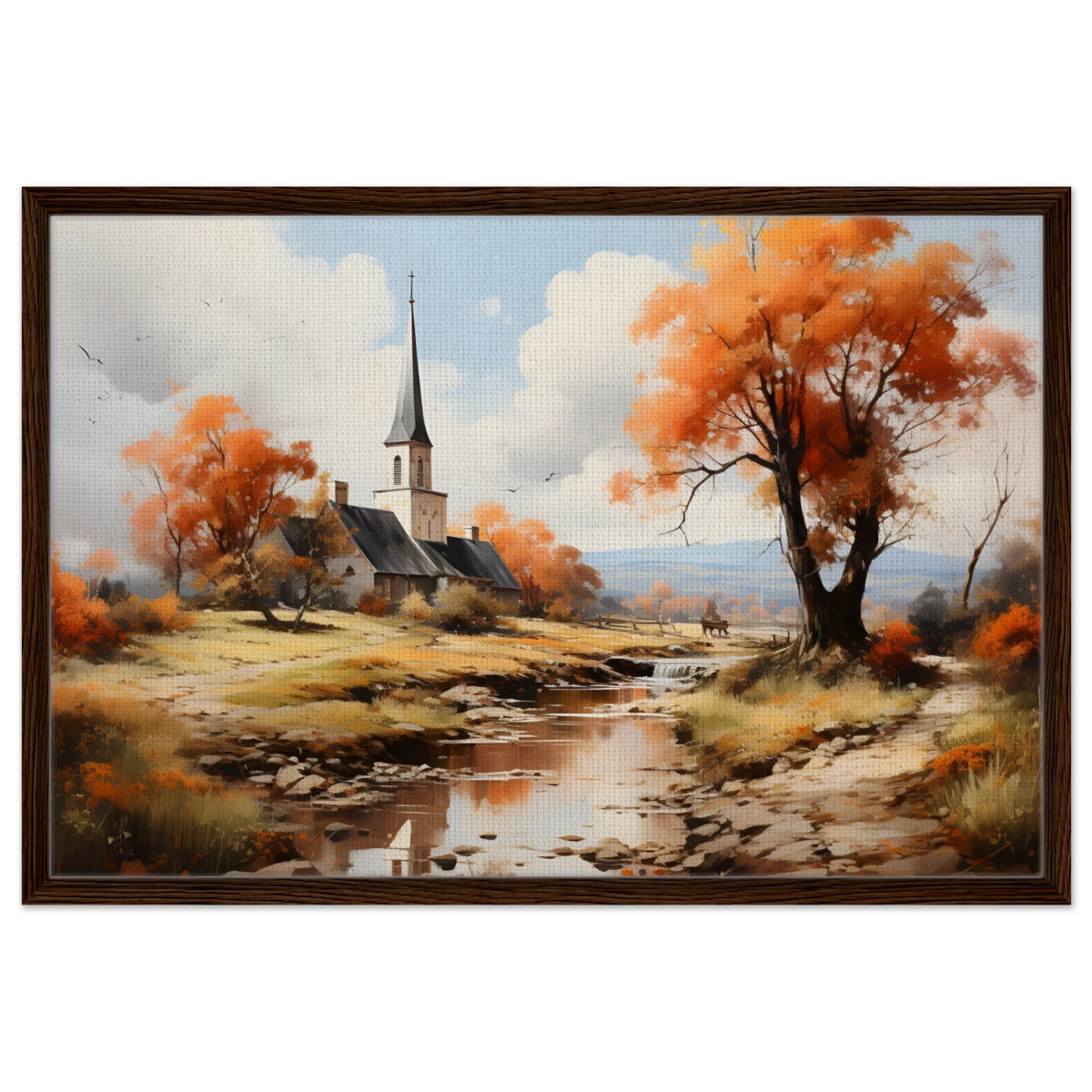 Autumn Serenity by the Chapel – Countryside Landscape Wall Art Print - Framed Canvas - 60x90 cm / 24x36″ - Dark wood frame