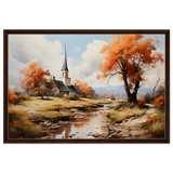 Autumn Serenity by the Chapel – Countryside Landscape Wall Art Print - Framed Canvas - 60x90 cm / 24x36″ - Dark wood frame