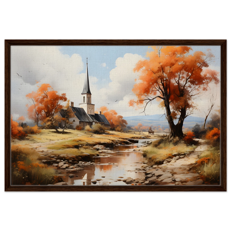 Autumn Serenity by the Chapel – Countryside Landscape Wall Art Print - Framed Canvas - 60x90 cm / 24x36″ - Dark wood frame