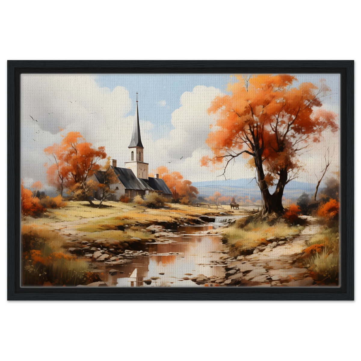 Autumn Serenity by the Chapel – Countryside Landscape Wall Art Print - Framed Canvas - 40x60 cm / 16x24″ - Black frame