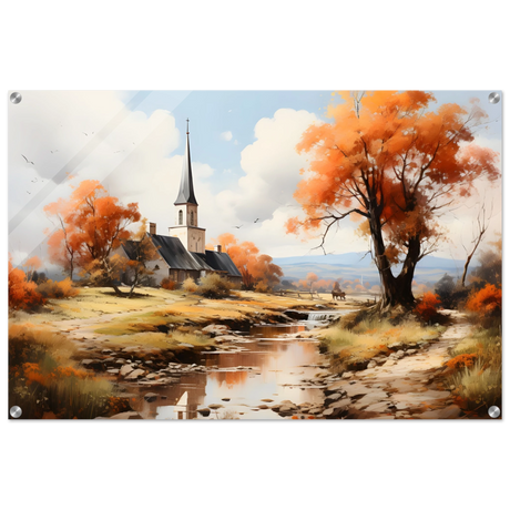 Autumn Serenity by the Chapel – Countryside Landscape Wall Art Print - Acrylic Print - 60x90 cm / 24x36″ - 
