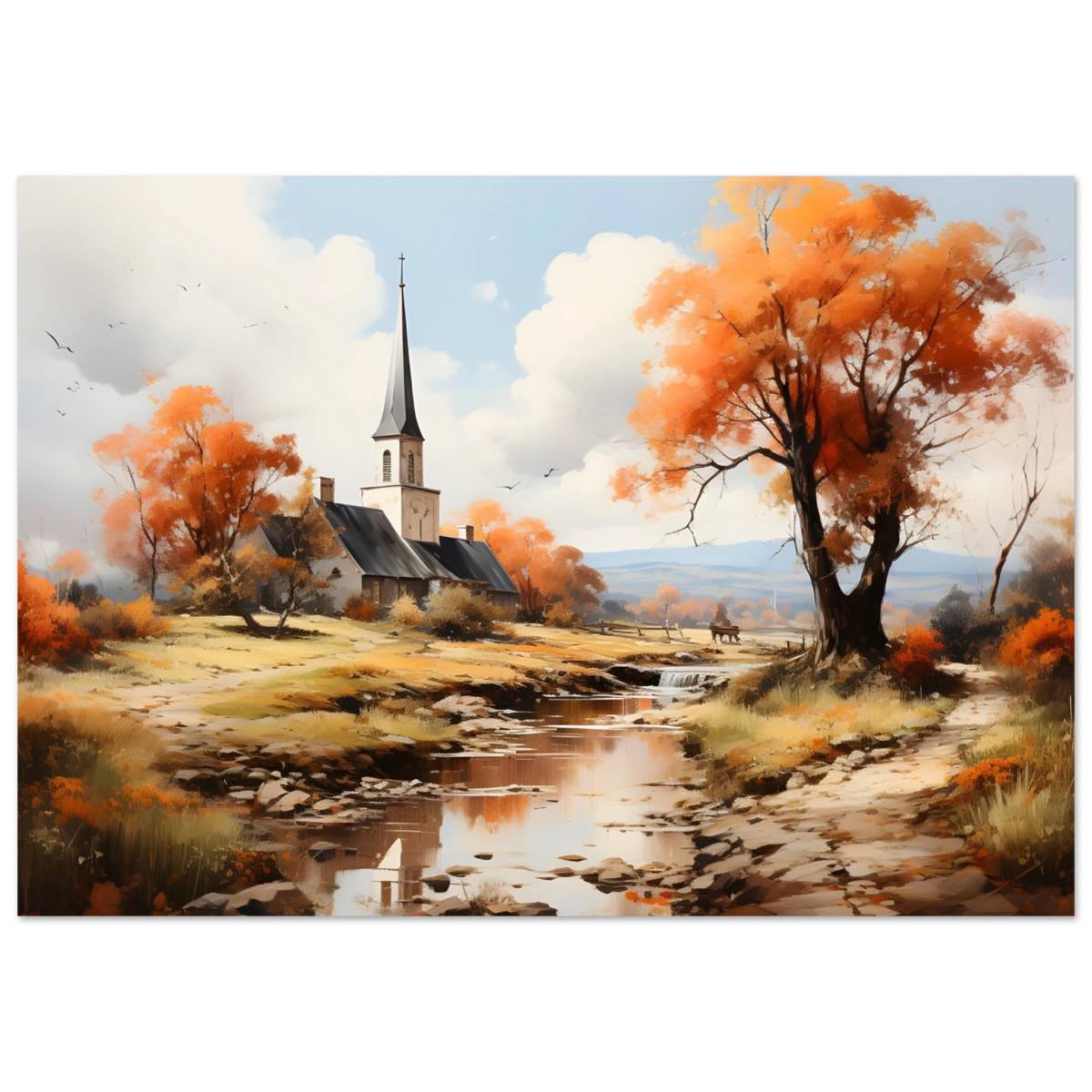 Autumn Serenity by the Chapel – Countryside Landscape Wall Art Print - Fine Art Poster - 70x100 cm / 28x40″ - 