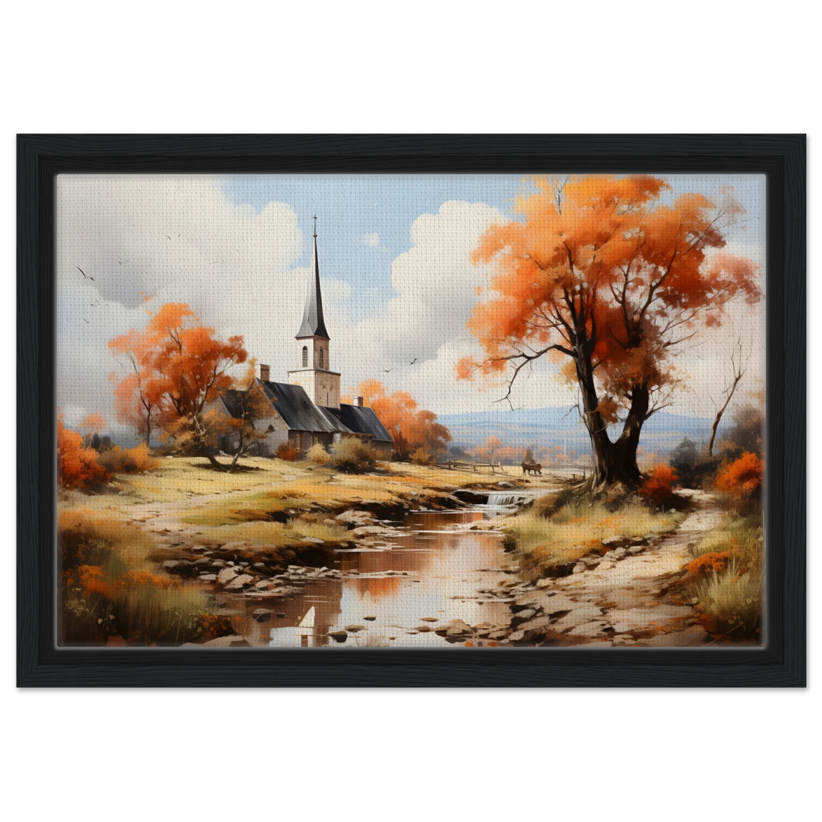 Autumn Serenity by the Chapel – Countryside Landscape Wall Art Print - Framed Canvas - 30x45 cm / 12x18″ - Black frame