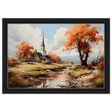 Autumn Serenity by the Chapel – Countryside Landscape Wall Art Print - Framed Canvas - 30x45 cm / 12x18″ - Black frame