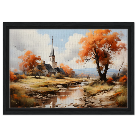 Autumn Serenity by the Chapel – Countryside Landscape Wall Art Print - Framed Canvas - 30x45 cm / 12x18″ - Black frame