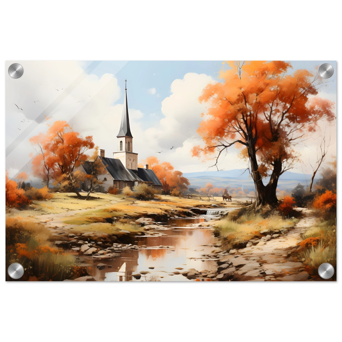 Autumn Serenity by the Chapel – Countryside Landscape Wall Art Print - Acrylic Print - 30x45 cm / 12x18″ - 