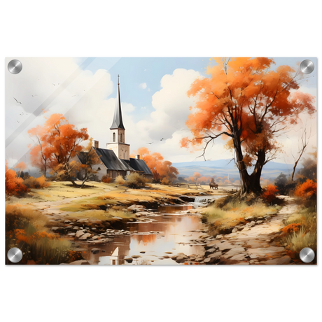 Autumn Serenity by the Chapel – Countryside Landscape Wall Art Print - Acrylic Print - 30x45 cm / 12x18″ - 