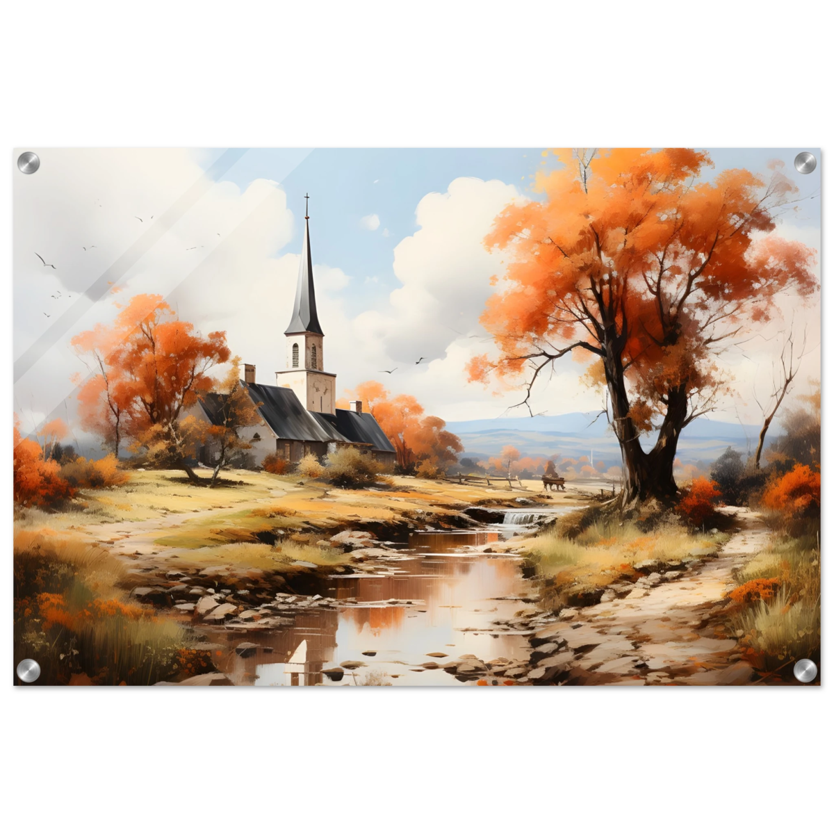 Autumn Serenity by the Chapel – Countryside Landscape Wall Art Print - Acrylic Print - 50x75 cm / 20x30″ - 