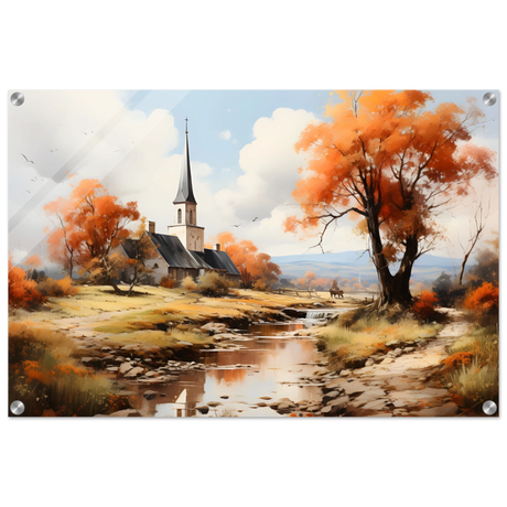 Autumn Serenity by the Chapel – Countryside Landscape Wall Art Print - Acrylic Print - 50x75 cm / 20x30″ - 