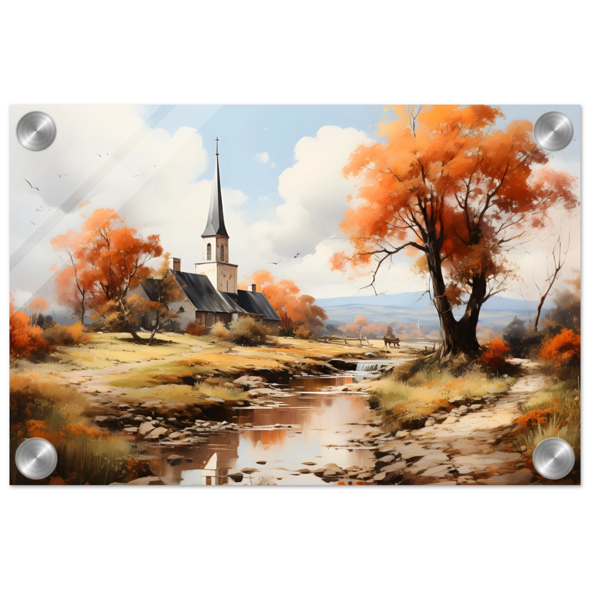 Autumn Serenity by the Chapel – Countryside Landscape Wall Art Print - Acrylic Print - 20x30 cm / 8x12″ - 