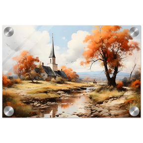Autumn Serenity by the Chapel – Countryside Landscape Wall Art Print - Acrylic Print - 20x30 cm / 8x12″ - 