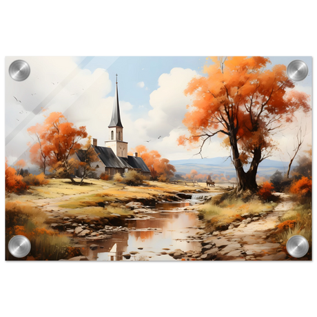 Autumn Serenity by the Chapel – Countryside Landscape Wall Art Print - Acrylic Print - 20x30 cm / 8x12″ - 