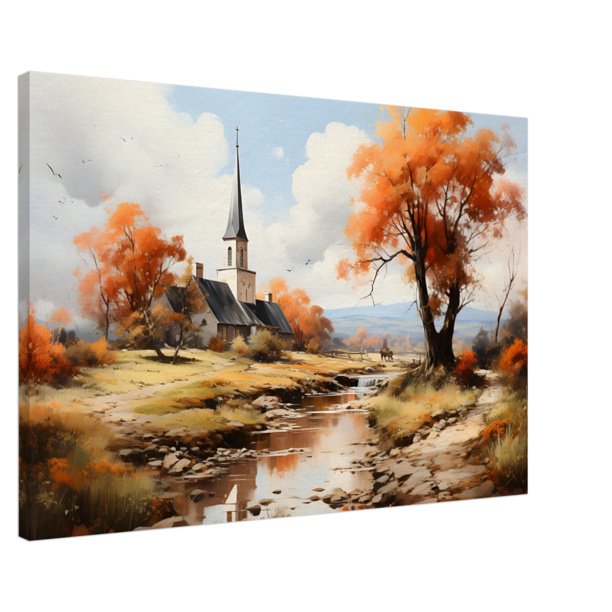 Autumn Serenity by the Chapel – Countryside Landscape Wall Art Print - Canvas - 60x90 cm / 24x36″ - 
