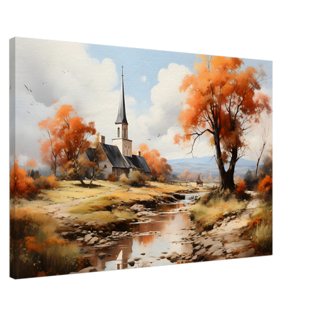 Autumn Serenity by the Chapel – Countryside Landscape Wall Art Print - Canvas - 60x90 cm / 24x36″ - 