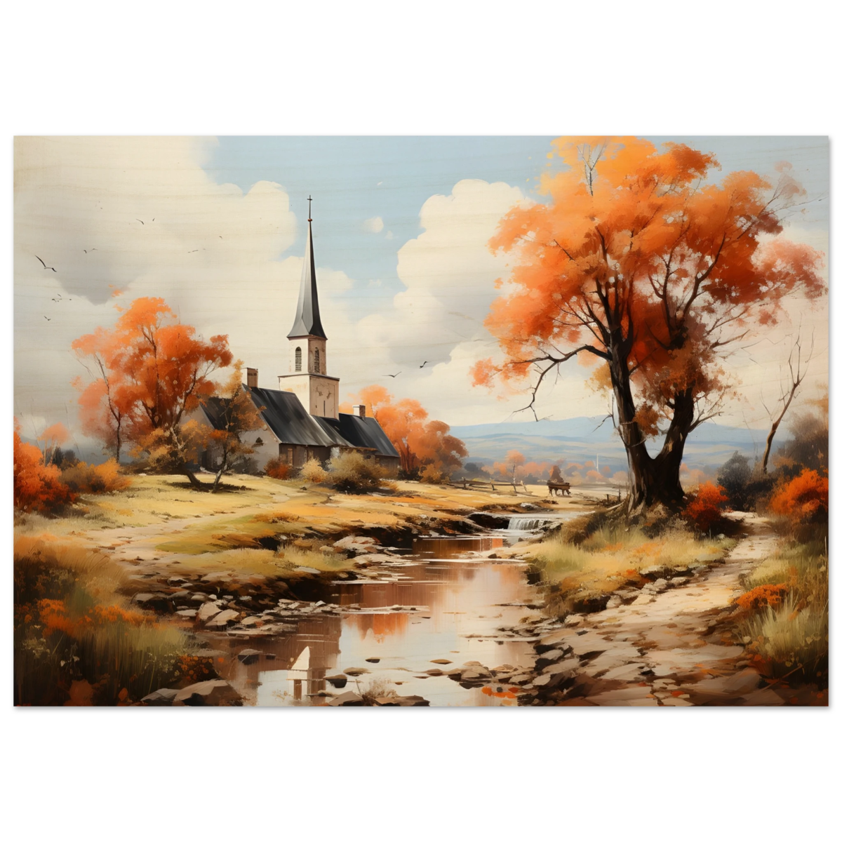 Autumn Serenity by the Chapel – Countryside Landscape Wall Art Print - Wood Prints - 70x100 cm / 28x40″ - 