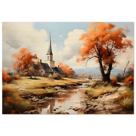 Autumn Serenity by the Chapel – Countryside Landscape Wall Art Print - Wood Prints - 70x100 cm / 28x40″ - 