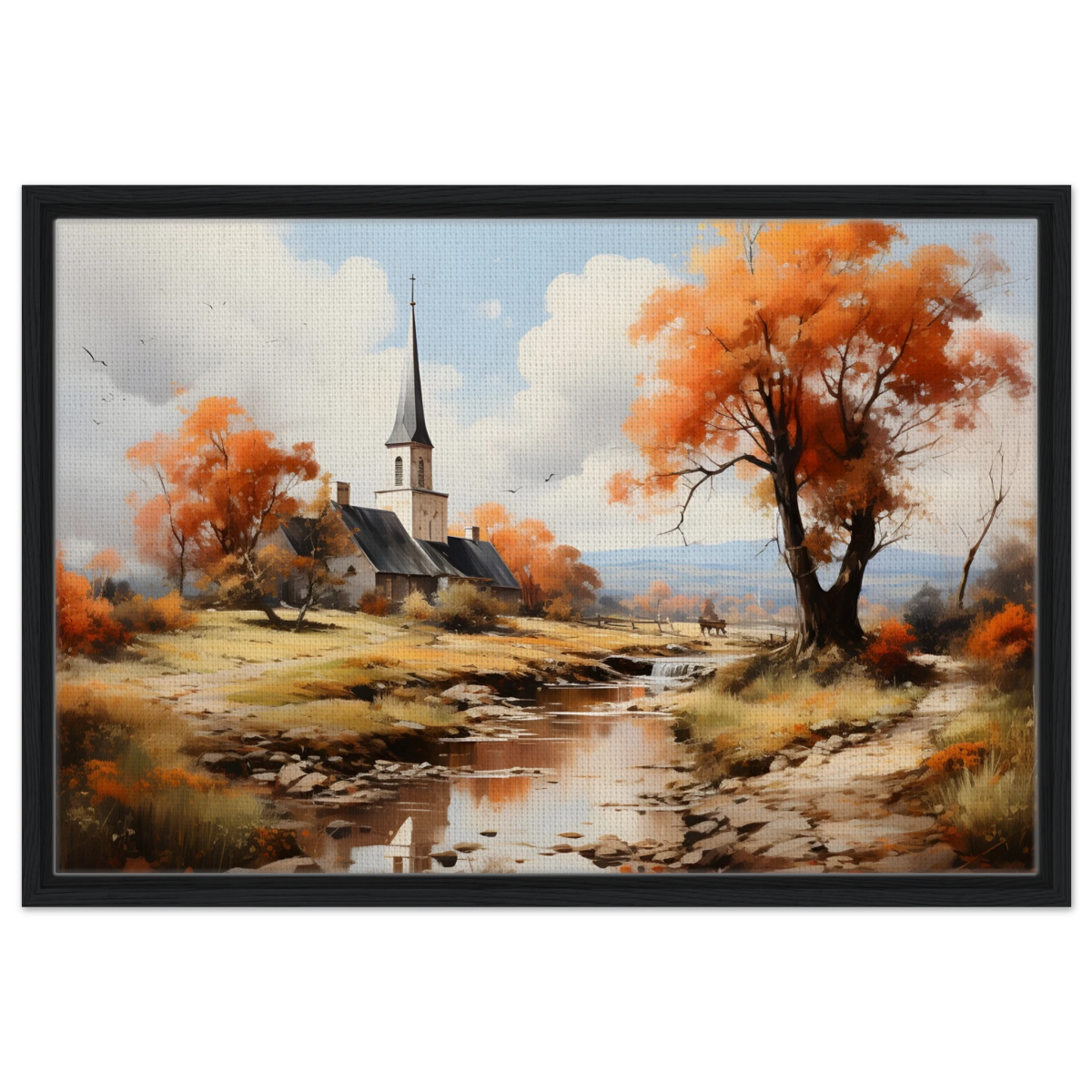 Autumn Serenity by the Chapel – Countryside Landscape Wall Art Print - Framed Canvas - 50x75 cm / 20x30″ - Black frame