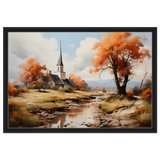 Autumn Serenity by the Chapel – Countryside Landscape Wall Art Print - Framed Canvas - 50x75 cm / 20x30″ - Black frame