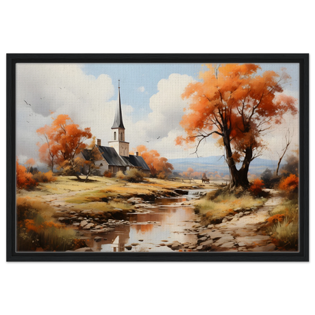 Autumn Serenity by the Chapel – Countryside Landscape Wall Art Print - Framed Canvas - 50x75 cm / 20x30″ - Black frame