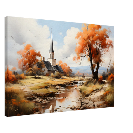 Autumn Serenity by the Chapel – Countryside Landscape Wall Art Print - Canvas - 50x75 cm / 20x30″ - 