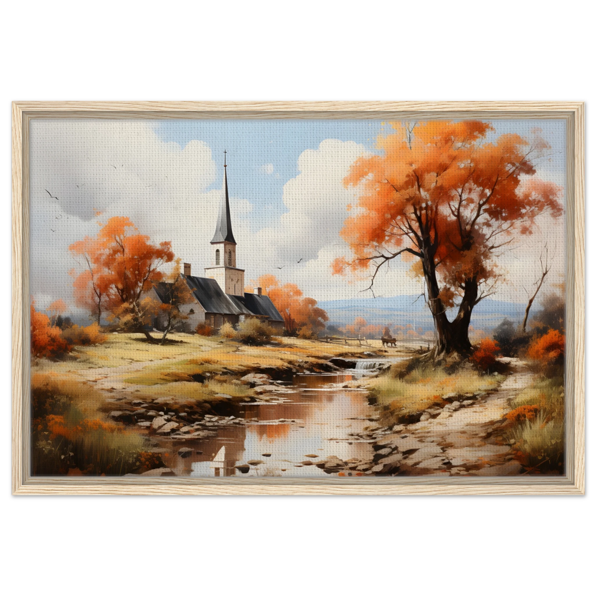Autumn Serenity by the Chapel – Countryside Landscape Wall Art Print - Framed Canvas - 50x75 cm / 20x30″ - Wood frame