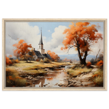 Autumn Serenity by the Chapel – Countryside Landscape Wall Art Print - Framed Canvas - 50x75 cm / 20x30″ - Wood frame