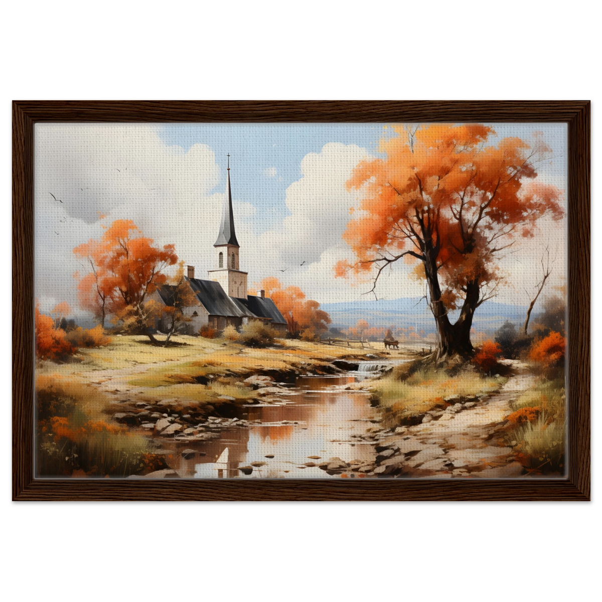 Autumn Serenity by the Chapel – Countryside Landscape Wall Art Print - Framed Canvas - 40x60 cm / 16x24″ - Dark wood frame