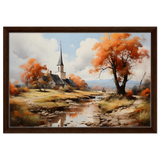 Autumn Serenity by the Chapel – Countryside Landscape Wall Art Print - Framed Canvas - 40x60 cm / 16x24″ - Dark wood frame