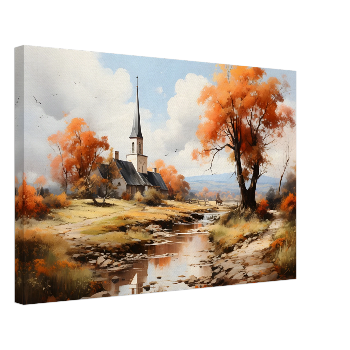 Autumn Serenity by the Chapel – Countryside Landscape Wall Art Print - Canvas - 40x60 cm / 16x24″ - 