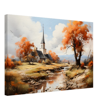 Autumn Serenity by the Chapel – Countryside Landscape Wall Art Print - Canvas - 40x60 cm / 16x24″ - 