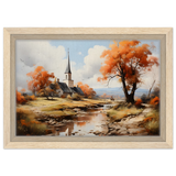 Autumn Serenity by the Chapel – Countryside Landscape Wall Art Print - Framed Canvas - 20x30 cm / 8x12″ - Wood frame